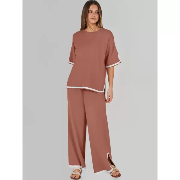 imageANRABESS Womens 2 Piece Outfits Lounge Sets Short Sleeve Pullover Sweater Sets Wide leg Loose Casual Comfy Pajama SetsRust