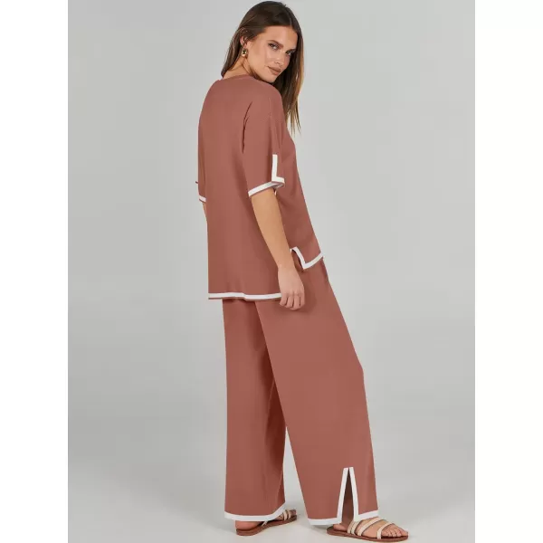 imageANRABESS Womens 2 Piece Outfits Lounge Sets Short Sleeve Pullover Sweater Sets Wide leg Loose Casual Comfy Pajama SetsRust