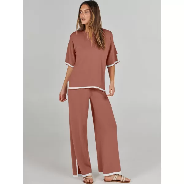 imageANRABESS Womens 2 Piece Outfits Lounge Sets Short Sleeve Pullover Sweater Sets Wide leg Loose Casual Comfy Pajama SetsRust