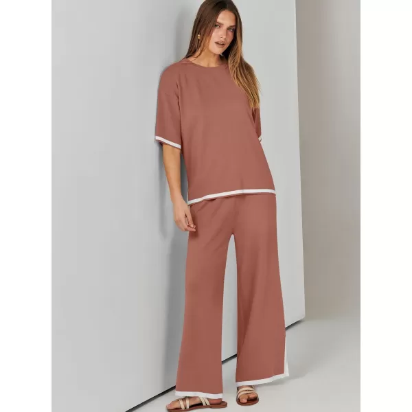 imageANRABESS Womens 2 Piece Outfits Lounge Sets Short Sleeve Pullover Sweater Sets Wide leg Loose Casual Comfy Pajama SetsRust