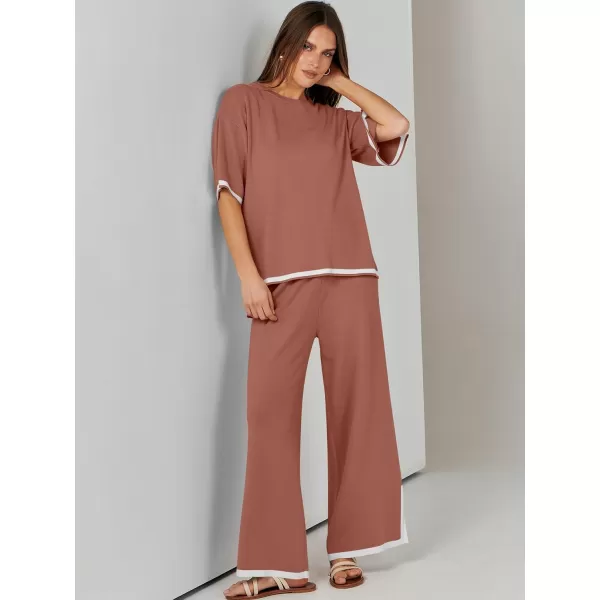 imageANRABESS Womens 2 Piece Outfits Lounge Sets Short Sleeve Pullover Sweater Sets Wide leg Loose Casual Comfy Pajama SetsRust