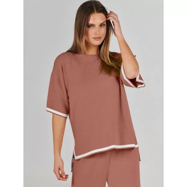 imageANRABESS Womens 2 Piece Outfits Lounge Sets Short Sleeve Pullover Sweater Sets Wide leg Loose Casual Comfy Pajama SetsRust