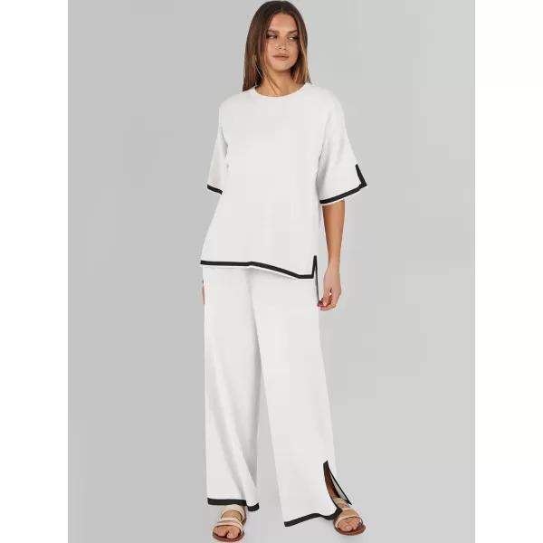 imageANRABESS Womens 2 Piece Outfits Lounge Sets Short Sleeve Pullover Sweater Sets Wide leg Loose Casual Comfy Pajama SetsWhite
