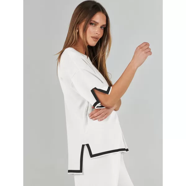 imageANRABESS Womens 2 Piece Outfits Lounge Sets Short Sleeve Pullover Sweater Sets Wide leg Loose Casual Comfy Pajama SetsWhite