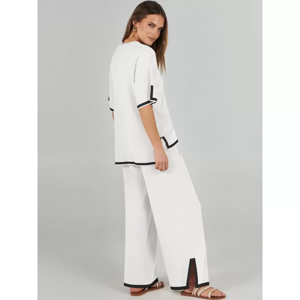 imageANRABESS Womens 2 Piece Outfits Lounge Sets Short Sleeve Pullover Sweater Sets Wide leg Loose Casual Comfy Pajama SetsWhite