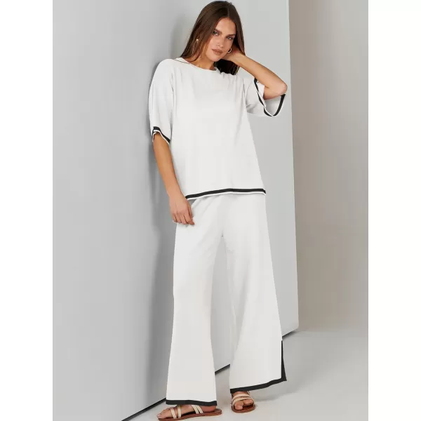 imageANRABESS Womens 2 Piece Outfits Lounge Sets Short Sleeve Pullover Sweater Sets Wide leg Loose Casual Comfy Pajama SetsWhite