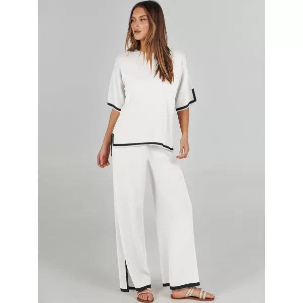 imageANRABESS Womens 2 Piece Outfits Lounge Sets Short Sleeve Pullover Sweater Sets Wide leg Loose Casual Comfy Pajama SetsWhite