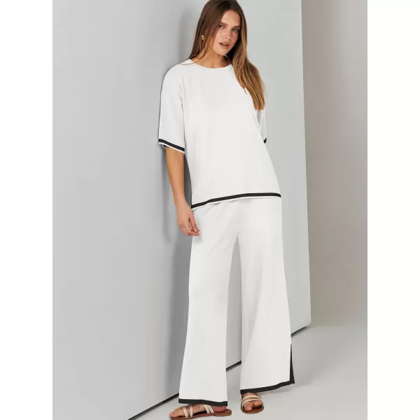 imageANRABESS Womens 2 Piece Outfits Lounge Sets Short Sleeve Pullover Sweater Sets Wide leg Loose Casual Comfy Pajama SetsWhite