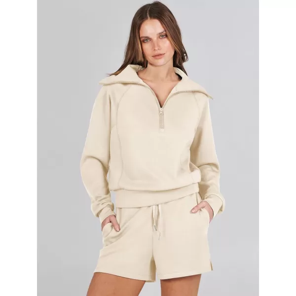 imageANRABESS Womens 2 Piece Outfits Oversized Half Zip Sweat Suits Short Sets 2023 Fall Comfy Sweatshirt Matching Lounge SetsApricot