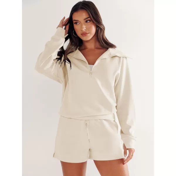 imageANRABESS Womens 2 Piece Outfits Oversized Half Zip Sweat Suits Short Sets 2023 Fall Comfy Sweatshirt Matching Lounge SetsApricot