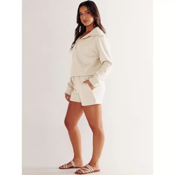 imageANRABESS Womens 2 Piece Outfits Oversized Half Zip Sweat Suits Short Sets 2023 Fall Comfy Sweatshirt Matching Lounge SetsApricot