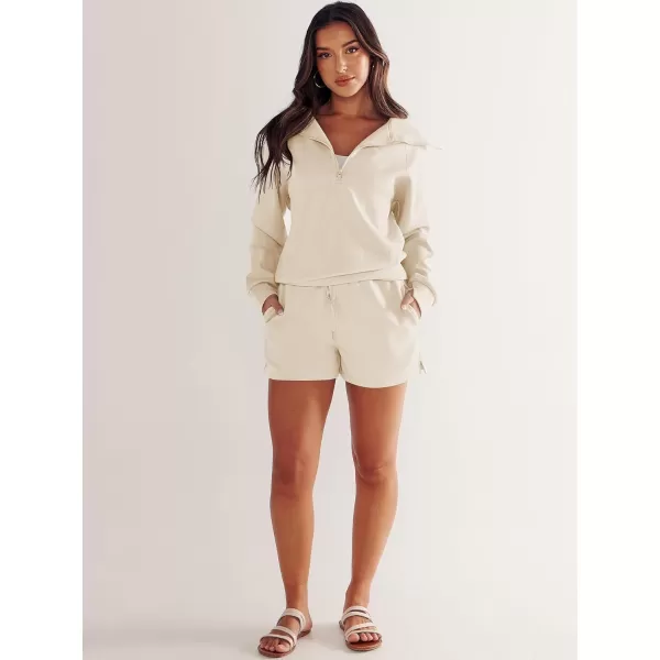 imageANRABESS Womens 2 Piece Outfits Oversized Half Zip Sweat Suits Short Sets 2023 Fall Comfy Sweatshirt Matching Lounge SetsApricot