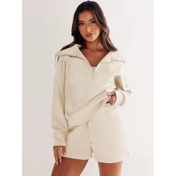 imageANRABESS Womens 2 Piece Outfits Oversized Half Zip Sweat Suits Short Sets 2023 Fall Comfy Sweatshirt Matching Lounge SetsApricot