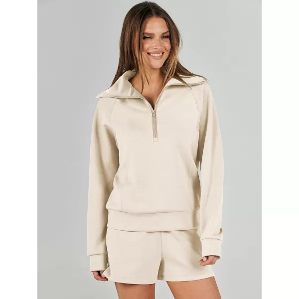 imageANRABESS Womens 2 Piece Outfits Oversized Half Zip Sweat Suits Short Sets 2023 Fall Comfy Sweatshirt Matching Lounge SetsApricot