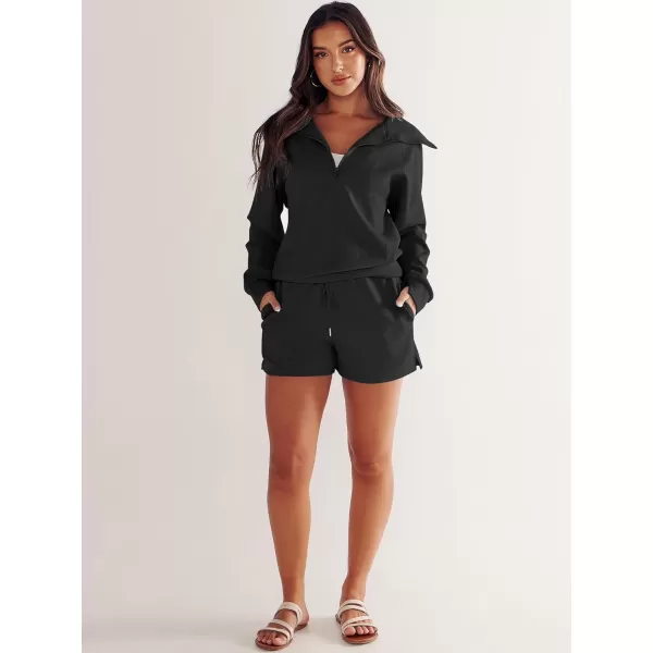 imageANRABESS Womens 2 Piece Outfits Oversized Half Zip Sweat Suits Short Sets 2023 Fall Comfy Sweatshirt Matching Lounge SetsBlack