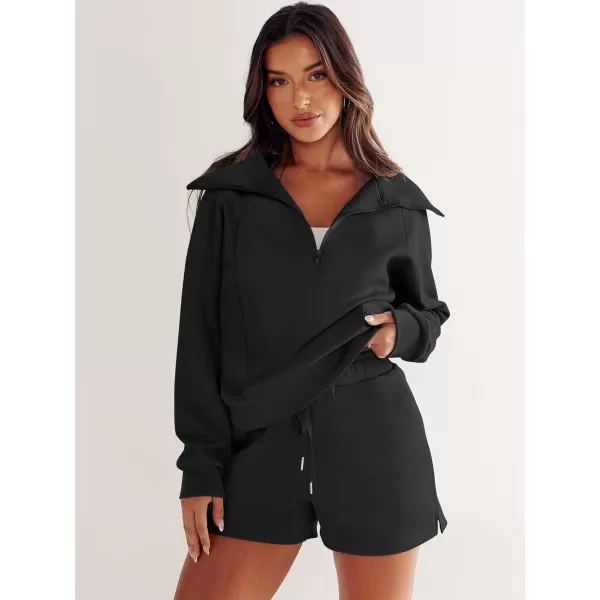 imageANRABESS Womens 2 Piece Outfits Oversized Half Zip Sweat Suits Short Sets 2023 Fall Comfy Sweatshirt Matching Lounge SetsBlack
