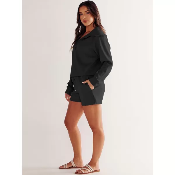 imageANRABESS Womens 2 Piece Outfits Oversized Half Zip Sweat Suits Short Sets 2023 Fall Comfy Sweatshirt Matching Lounge SetsBlack