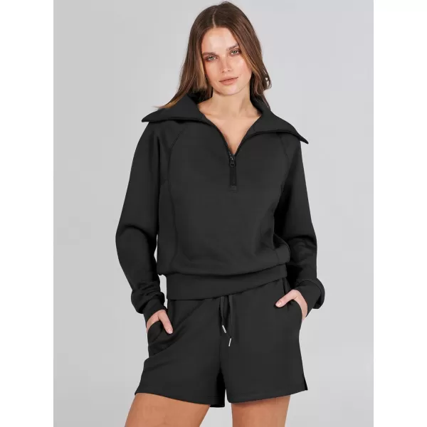imageANRABESS Womens 2 Piece Outfits Oversized Half Zip Sweat Suits Short Sets 2023 Fall Comfy Sweatshirt Matching Lounge SetsBlack