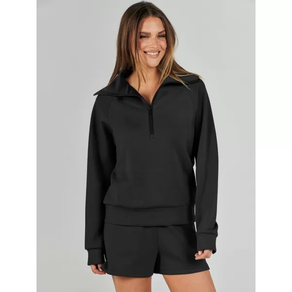 imageANRABESS Womens 2 Piece Outfits Oversized Half Zip Sweat Suits Short Sets 2023 Fall Comfy Sweatshirt Matching Lounge SetsBlack