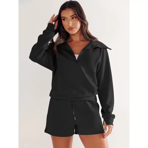 imageANRABESS Womens 2 Piece Outfits Oversized Half Zip Sweat Suits Short Sets 2023 Fall Comfy Sweatshirt Matching Lounge SetsBlack