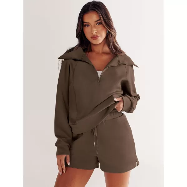 imageANRABESS Womens 2 Piece Outfits Oversized Half Zip Sweat Suits Short Sets 2023 Fall Comfy Sweatshirt Matching Lounge SetsBrown