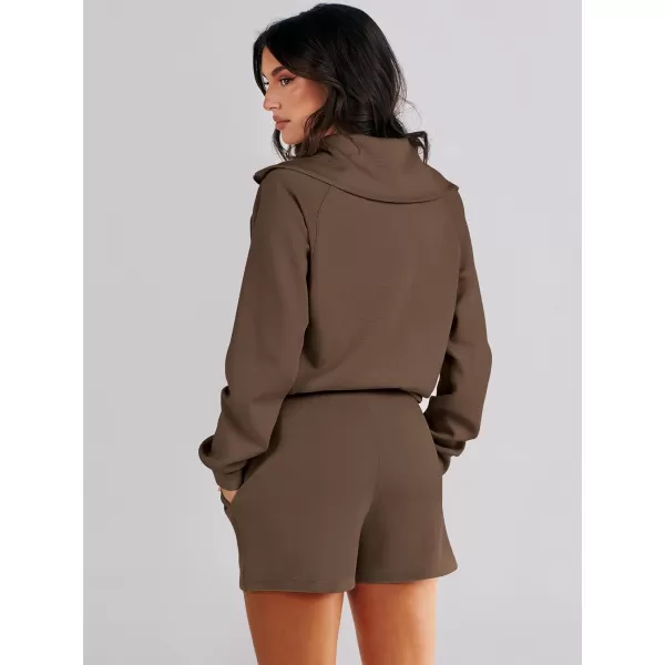imageANRABESS Womens 2 Piece Outfits Oversized Half Zip Sweat Suits Short Sets 2023 Fall Comfy Sweatshirt Matching Lounge SetsBrown