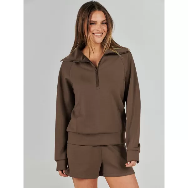 imageANRABESS Womens 2 Piece Outfits Oversized Half Zip Sweat Suits Short Sets 2023 Fall Comfy Sweatshirt Matching Lounge SetsBrown
