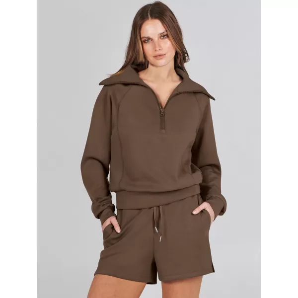 imageANRABESS Womens 2 Piece Outfits Oversized Half Zip Sweat Suits Short Sets 2023 Fall Comfy Sweatshirt Matching Lounge SetsBrown