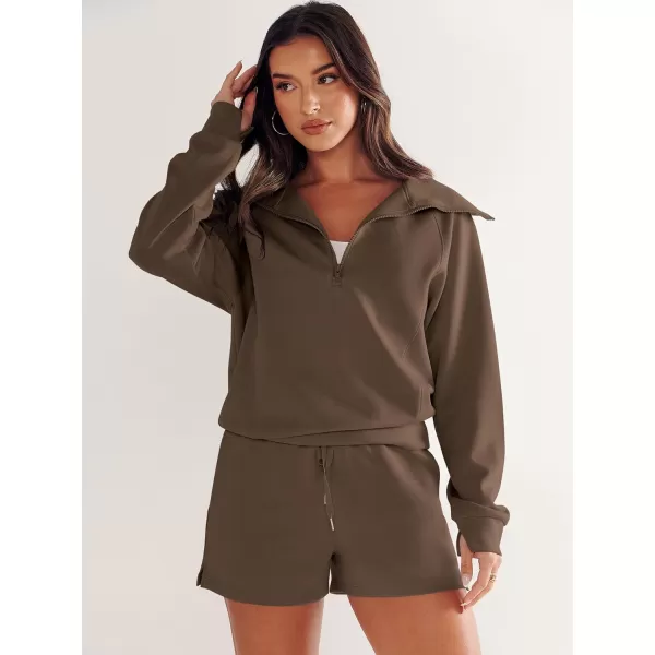 imageANRABESS Womens 2 Piece Outfits Oversized Half Zip Sweat Suits Short Sets 2023 Fall Comfy Sweatshirt Matching Lounge SetsBrown