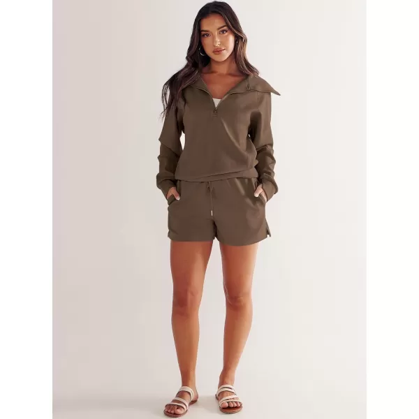 imageANRABESS Womens 2 Piece Outfits Oversized Half Zip Sweat Suits Short Sets 2023 Fall Comfy Sweatshirt Matching Lounge SetsBrown