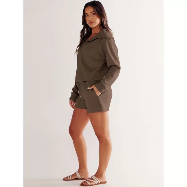 imageANRABESS Womens 2 Piece Outfits Oversized Half Zip Sweat Suits Short Sets 2023 Fall Comfy Sweatshirt Matching Lounge SetsBrown