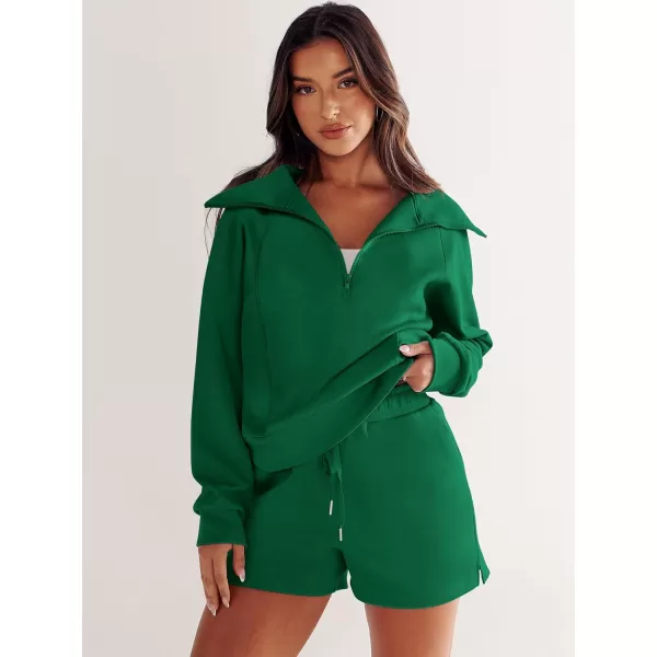 imageANRABESS Womens 2 Piece Outfits Oversized Half Zip Sweat Suits Short Sets 2023 Fall Comfy Sweatshirt Matching Lounge SetsGreen