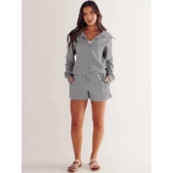 imageANRABESS Womens 2 Piece Outfits Oversized Half Zip Sweat Suits Short Sets 2023 Fall Comfy Sweatshirt Matching Lounge SetsGrey