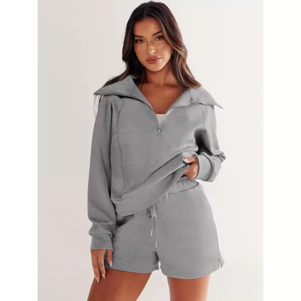 imageANRABESS Womens 2 Piece Outfits Oversized Half Zip Sweat Suits Short Sets 2023 Fall Comfy Sweatshirt Matching Lounge SetsGrey