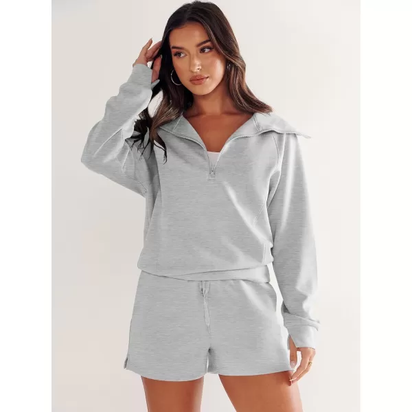 imageANRABESS Womens 2 Piece Outfits Oversized Half Zip Sweat Suits Short Sets 2023 Fall Comfy Sweatshirt Matching Lounge SetsLight Grey