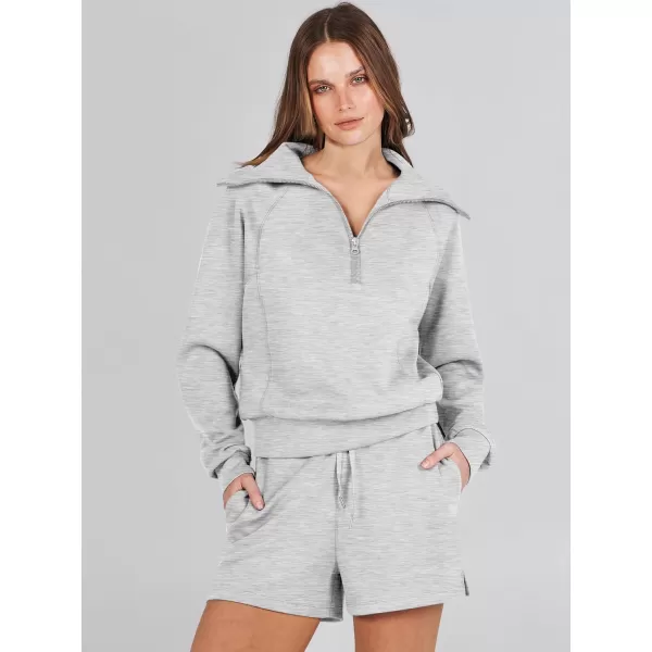 imageANRABESS Womens 2 Piece Outfits Oversized Half Zip Sweat Suits Short Sets 2023 Fall Comfy Sweatshirt Matching Lounge SetsLight Grey