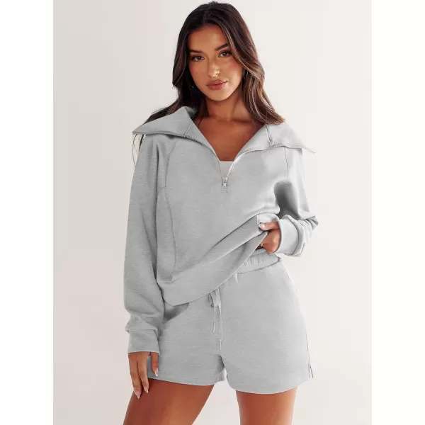 imageANRABESS Womens 2 Piece Outfits Oversized Half Zip Sweat Suits Short Sets 2023 Fall Comfy Sweatshirt Matching Lounge SetsLight Grey