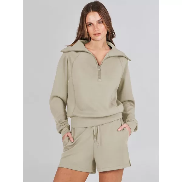 imageANRABESS Womens 2 Piece Outfits Oversized Half Zip Sweat Suits Short Sets 2023 Fall Comfy Sweatshirt Matching Lounge SetsLight Khaki