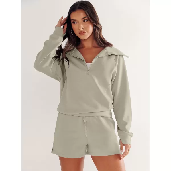 imageANRABESS Womens 2 Piece Outfits Oversized Half Zip Sweat Suits Short Sets 2023 Fall Comfy Sweatshirt Matching Lounge SetsLight Khaki