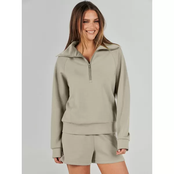 imageANRABESS Womens 2 Piece Outfits Oversized Half Zip Sweat Suits Short Sets 2023 Fall Comfy Sweatshirt Matching Lounge SetsLight Khaki