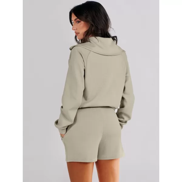 imageANRABESS Womens 2 Piece Outfits Oversized Half Zip Sweat Suits Short Sets 2023 Fall Comfy Sweatshirt Matching Lounge SetsLight Khaki