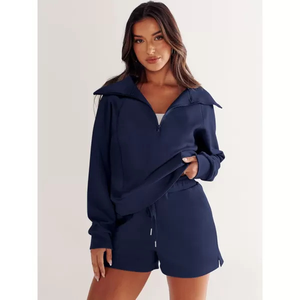 imageANRABESS Womens 2 Piece Outfits Oversized Half Zip Sweat Suits Short Sets 2023 Fall Comfy Sweatshirt Matching Lounge SetsNavy Blue