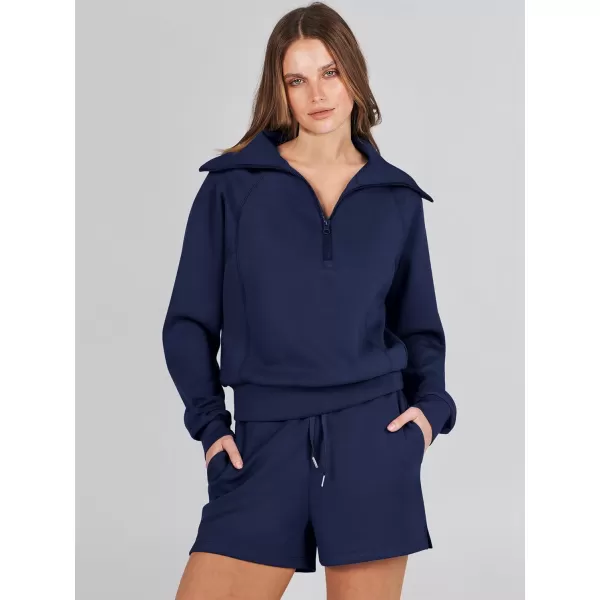 imageANRABESS Womens 2 Piece Outfits Oversized Half Zip Sweat Suits Short Sets 2023 Fall Comfy Sweatshirt Matching Lounge SetsNavy Blue