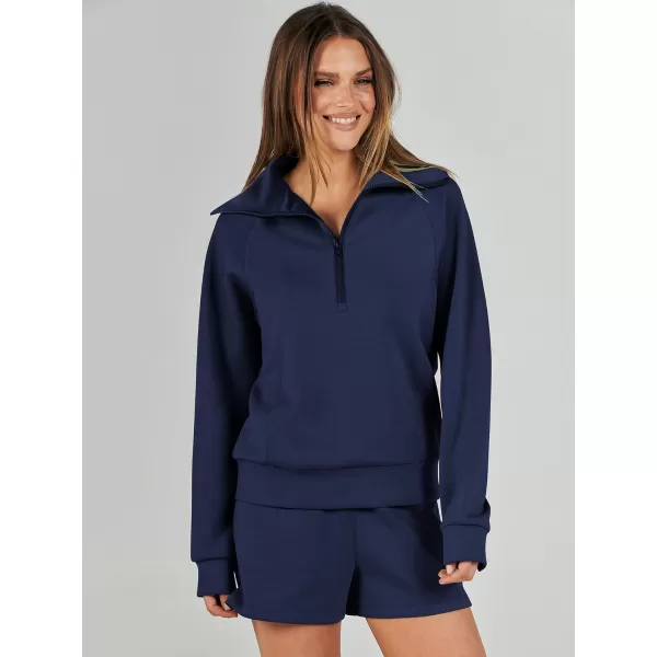 imageANRABESS Womens 2 Piece Outfits Oversized Half Zip Sweat Suits Short Sets 2023 Fall Comfy Sweatshirt Matching Lounge SetsNavy Blue