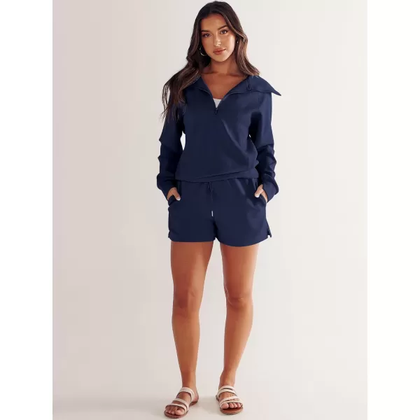 imageANRABESS Womens 2 Piece Outfits Oversized Half Zip Sweat Suits Short Sets 2023 Fall Comfy Sweatshirt Matching Lounge SetsNavy Blue