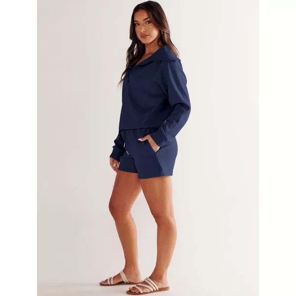 imageANRABESS Womens 2 Piece Outfits Oversized Half Zip Sweat Suits Short Sets 2023 Fall Comfy Sweatshirt Matching Lounge SetsNavy Blue