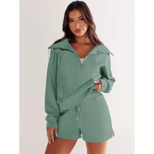 imageANRABESS Womens 2 Piece Outfits Oversized Half Zip Sweat Suits Short Sets 2023 Fall Comfy Sweatshirt Matching Lounge SetsPea Green