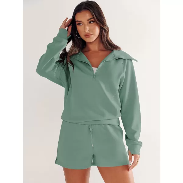imageANRABESS Womens 2 Piece Outfits Oversized Half Zip Sweat Suits Short Sets 2023 Fall Comfy Sweatshirt Matching Lounge SetsPea Green
