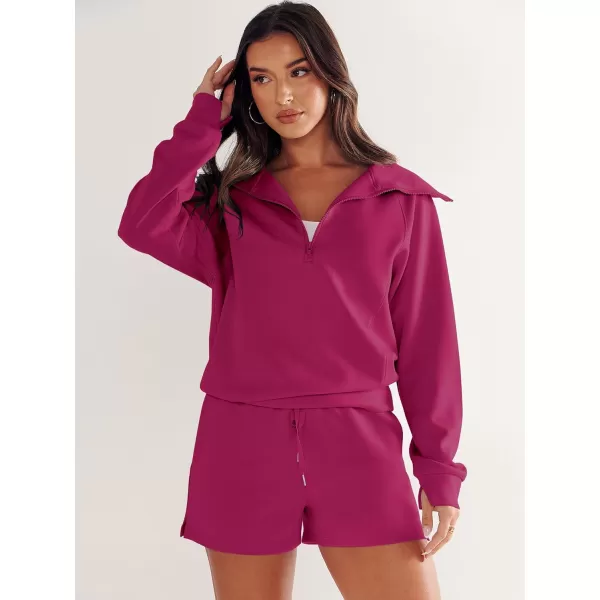 imageANRABESS Womens 2 Piece Outfits Oversized Half Zip Sweat Suits Short Sets 2023 Fall Comfy Sweatshirt Matching Lounge SetsRose