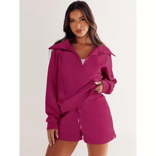 imageANRABESS Womens 2 Piece Outfits Oversized Half Zip Sweat Suits Short Sets 2023 Fall Comfy Sweatshirt Matching Lounge SetsRose